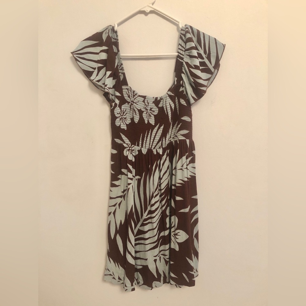 Y2k Roxy Hawaiian print Floral Brown Blue Dress Flutter Sleeves Keyhole Front - Picture 3 of 6